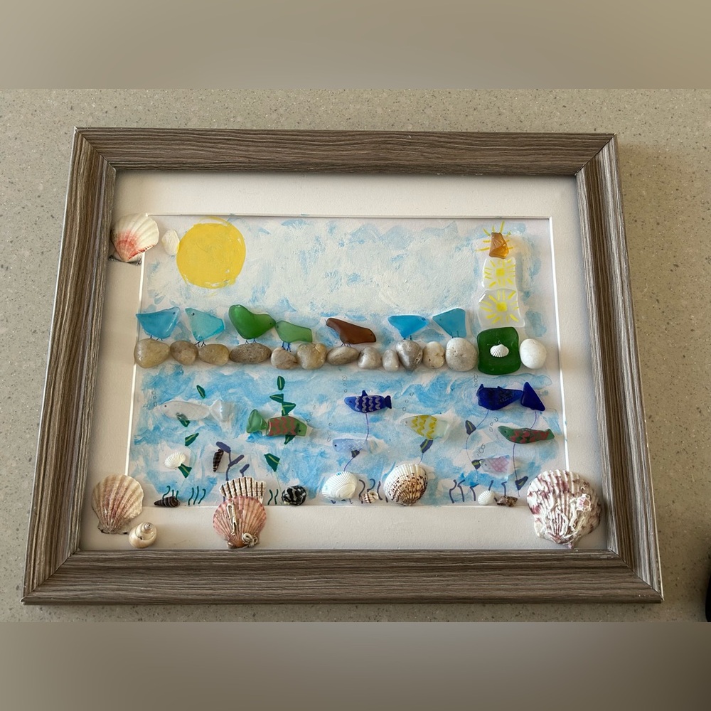 Coastal Seashell and Glass Art in Gray Frame